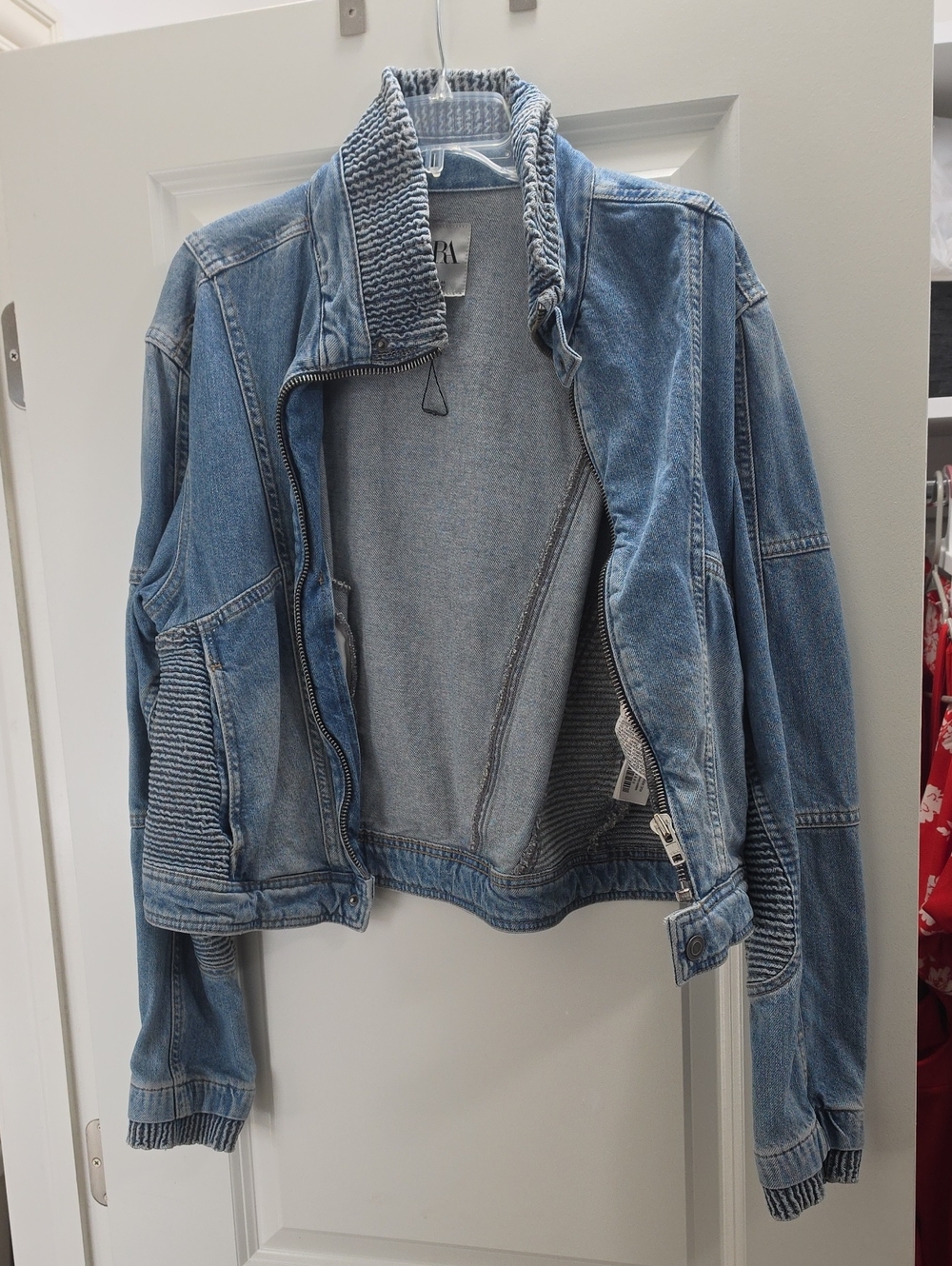Zara Washed Blue Denim Jacket with Quilted Stitch Details